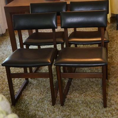 MCM DINING CHAIRS OF WALNUT WITH BLACK VINYL SEATS & BACKS