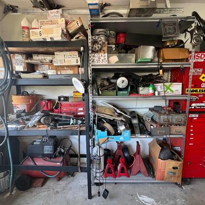 Shelving Units with Vintage Car and Harley Parts