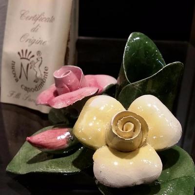 Vintage Pair of Nuova Capodimonte Porcelain Rose Flower Candle Holders 