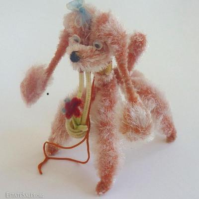 1950s Handmade Chenille Pipe Cleaner Poodle w flower basket 
