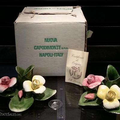 Vintage Pair of Nuova Capodimonte Porcelain Rose Flower Candle Holders 