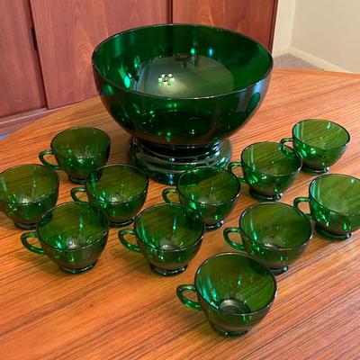 Vintage Anchor Hocking Forest Green Punch Bowl Set