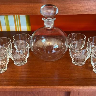 Vintage Decanter and Etched Whiskey Glasses- 9 piece set