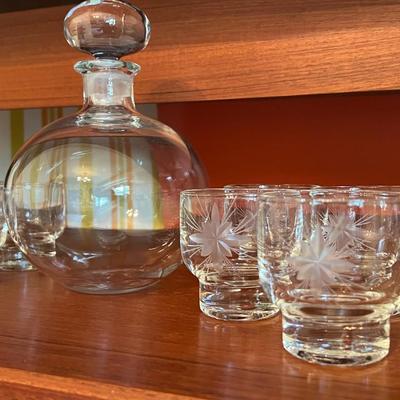 Vintage Decanter and Etched Whiskey Glasses- 9 piece set