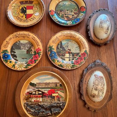 1950s Germany Souvenirs Hand Painted Wood Plates and Ostrich Eggs