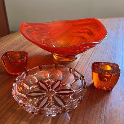 Viking Tundra Glass Persimmon Centerpiece Large Fruit Bowl Lot