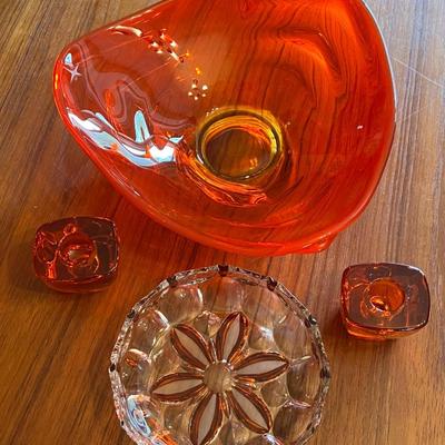 Viking Tundra Glass Persimmon Centerpiece Large Fruit Bowl Lot