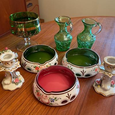 Bohemian Czech Cased Glass Ashtrays and Dresden Porcelain Candleholders Lot