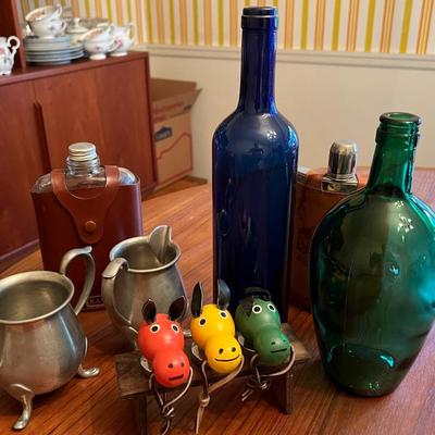 Colored Bottles, Stoppers, Flasks and Pewter Milk/Sugar Set