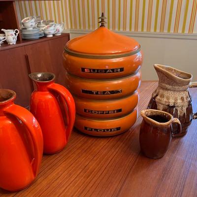 Vintage Stacked Canisters and Drip Brown Pottery Lot