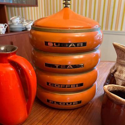 Vintage Stacked Canisters and Drip Brown Pottery Lot