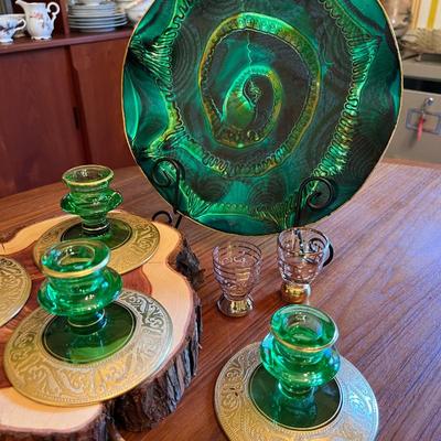 Emerald Glass with Gold Trim Lot