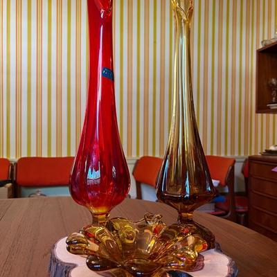 MCM Red and Amberina Pedestal Swung Glass Vases Lot- Fayette