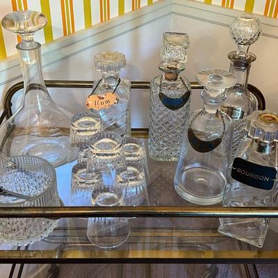 Vintage MCM Metal and Glass Bar Cart w/ Assorted Decanters and Whiskey Glasses Lot