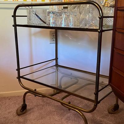 Vintage MCM Metal and Glass Bar Cart w/ Assorted Decanters and Whiskey Glasses Lot