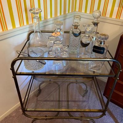 Vintage MCM Metal and Glass Bar Cart w/ Assorted Decanters and Whiskey Glasses Lot