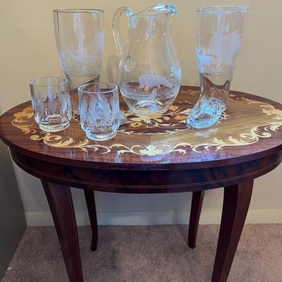 German Etched Beer Pitcher and Boot Glasses Lot- *Table Sold Separately*