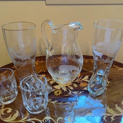 German Etched Beer Pitcher and Boot Glasses Lot- *Table Sold Separately*