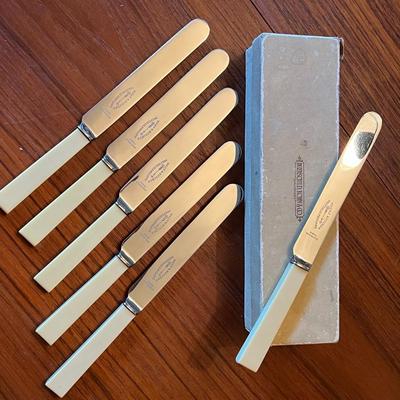 Wade & Butcher Sheffield, England Celluloid Handled Dinner Knives- Set of 6 w/ Firth Stainless