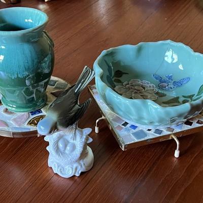 Robin's Egg Blue Colored Lot with Dresden Porcelain Bird Figurine