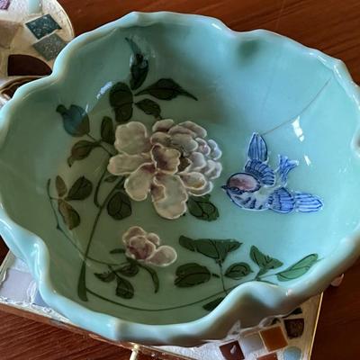 Robin's Egg Blue Colored Lot with Dresden Porcelain Bird Figurine