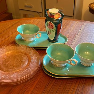 Green Porcelain Tea Cups w/ Lap Tray and Pink Plates Lot