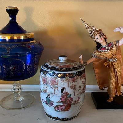 Dark Blue/Gold Candy Dish and Asian Ginger Jar Lot