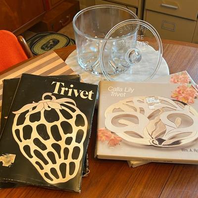 Glass Cheese Preserver, Marble Stone Board, and Trivets Lot