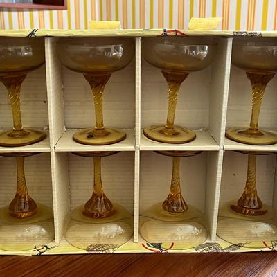 Italian Handblown Amber Glass Champagne Coupes w/ Twisted Stem- Set of 8 in original box