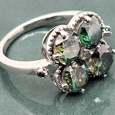 Green Moissanite 4-Stone 925 Ring Size 8
