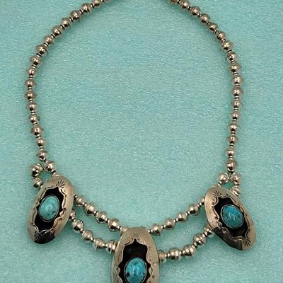Navajo Turquoise & Silver Necklace Signed 55gr $500-$700 Value
