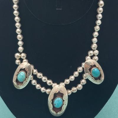 Navajo Turquoise & Silver Necklace Signed 55gr $500-$700 Value
