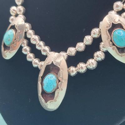 Navajo Turquoise & Silver Necklace Signed 55gr $500-$700 Value