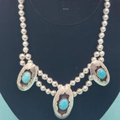 Navajo Turquoise & Silver Necklace Signed 55gr $500-$700 Value