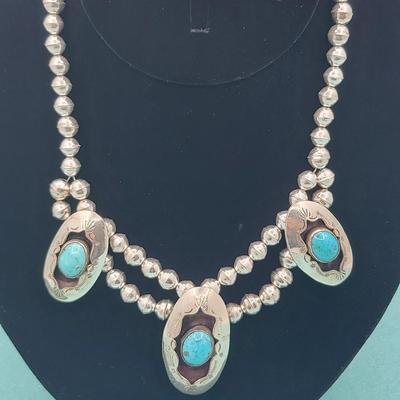 Navajo Turquoise & Silver Necklace Signed 55gr $500-$700 Value