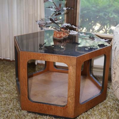 LANE HEXAGONAL SIDE TABLE W/ SMOKE GLASS TOP