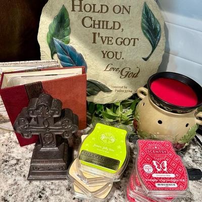 Scentsy warmer with scentsy melts and Christian decor