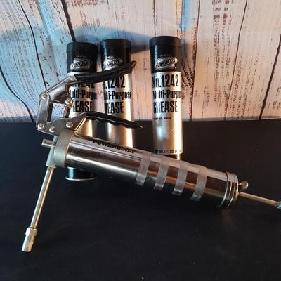 Really nice Power Built grease gun with three new tubes of Multi-use Grease No, 1242