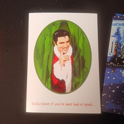 ELVIS CHRISTMAS STOCKING, 2 ORNAMENTS AND 3 GREETING CARDS