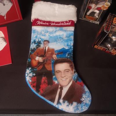 ELVIS CHRISTMAS STOCKING, 2 ORNAMENTS AND 3 GREETING CARDS