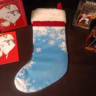 ELVIS CHRISTMAS STOCKING, 2 ORNAMENTS AND 3 GREETING CARDS