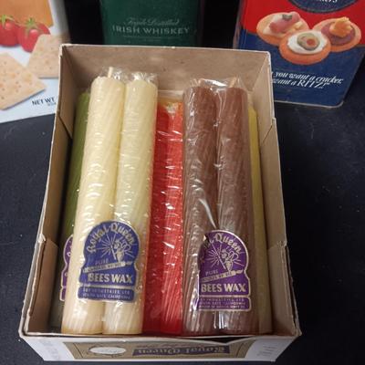 3 TINS AND BEESWAX CANDLES