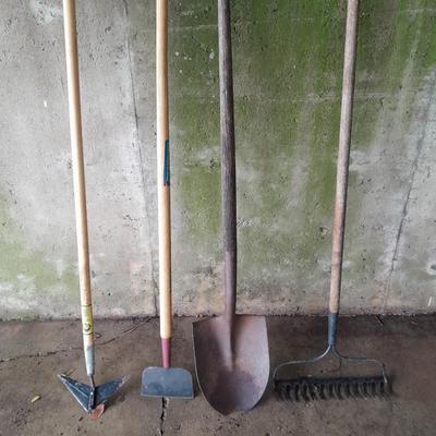 4 farm & Garden tools - Winged Weeder - Scraper tool = Irrigation shovel and steel headed rake