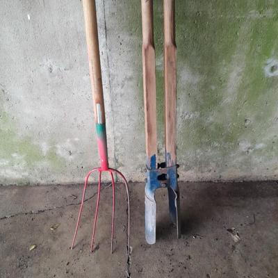 Nice older Pitchfork and a pair of wood handled post hole diggers