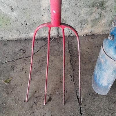 Nice older Pitchfork and a pair of wood handled post hole diggers