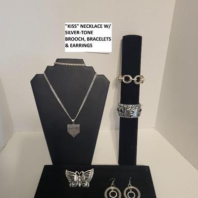 SILVER TONE BRACELETS, BROOCH, EARRINGS AND ROCK BAND 'KISS" NECKLACE