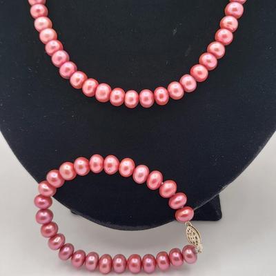 Pink Cultured Pearl Necklace & Bracelet