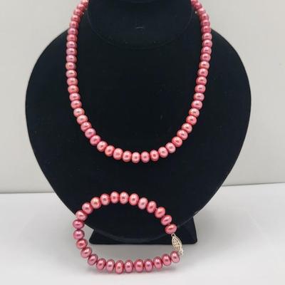 Pink Cultured Pearl Necklace & Bracelet