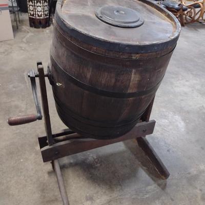 Antique Hand Crank Oak and Iron Butter Churn Barrel