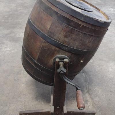 Antique Hand Crank Oak and Iron Butter Churn Barrel